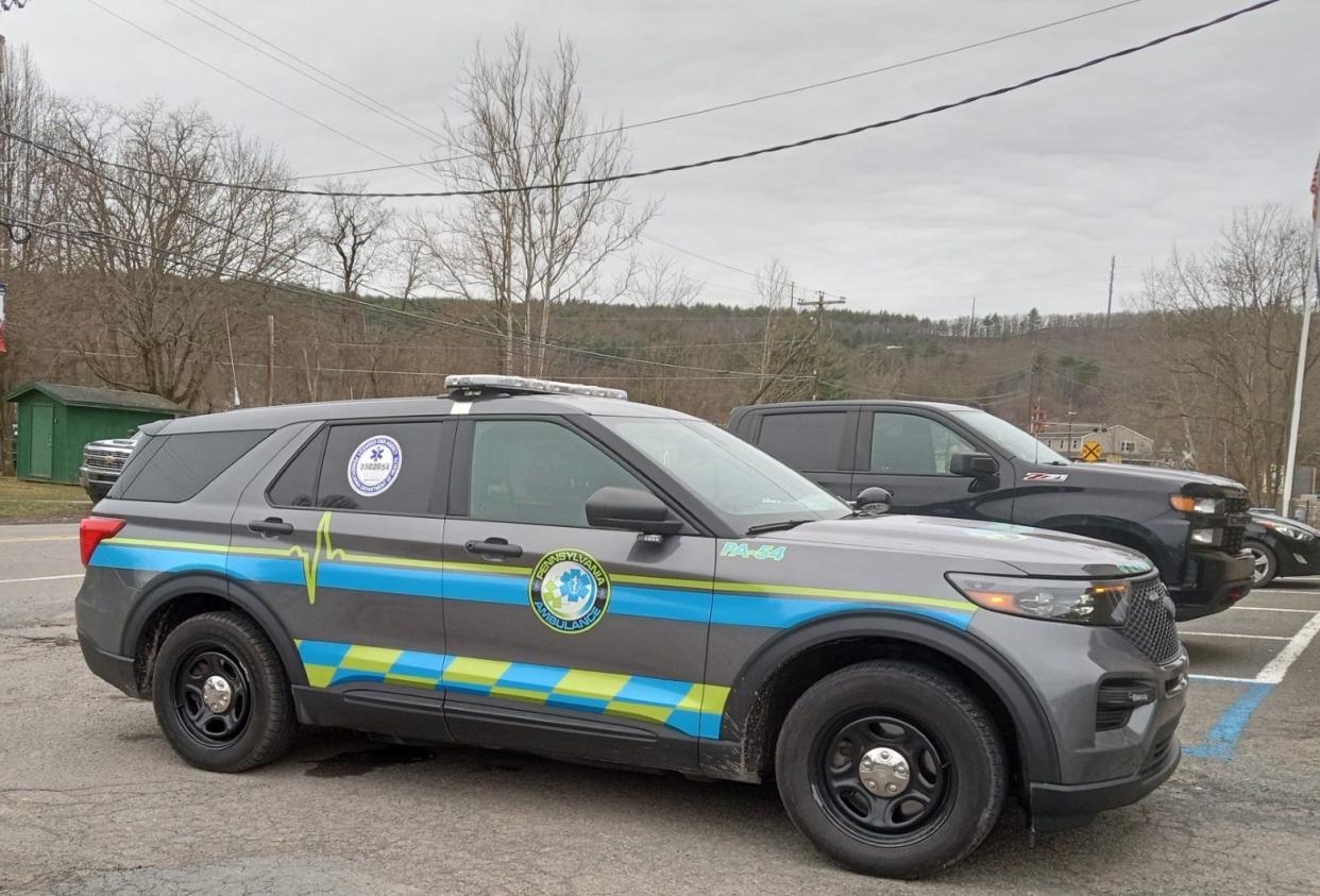 The Pennsylvania Ambulance paramedic vehicle sits outside Hawley Borough Hall, awaiting dispatch. Pennsylvania Ambulance is contracted by PPH, the nonprofit entity formed by Paupack and Palmyra townships and Hawley Borough in Wayne County to provide the primary ambulance service for their region since July 2023.