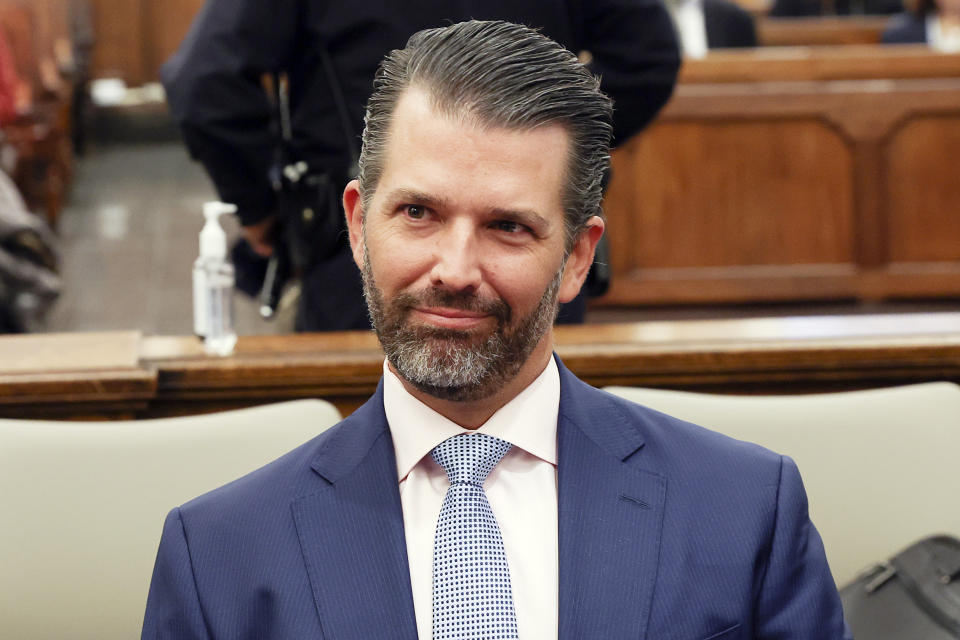 Former President Donald Trump's son and co-defendant, Donald Trump Jr., appears during the Trump Organization’s civil fraud trial, Thursday, Nov. 2, 2023, at New York Supreme Court in New York. (Shannon Stapleton/Pool Photo via AP)