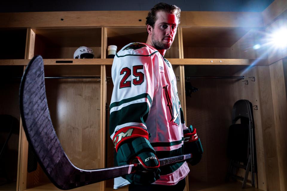 Iowa Wild star Sammy Walker stands for a portrait during Wednesday's media day at Wells Fargo Arena in Des Moines.