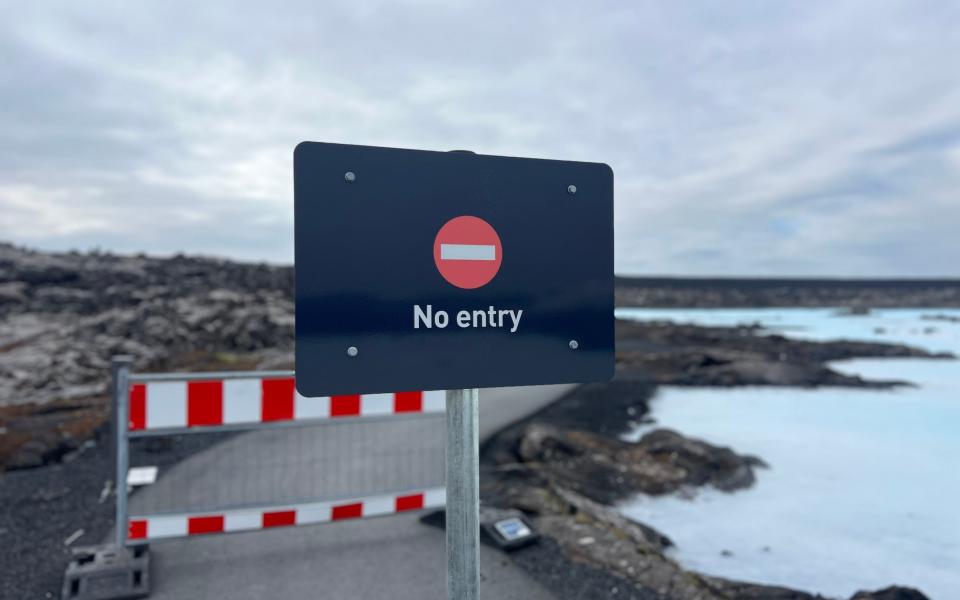 The main access road to the Blue Lagoon, Route 43, remains blocked