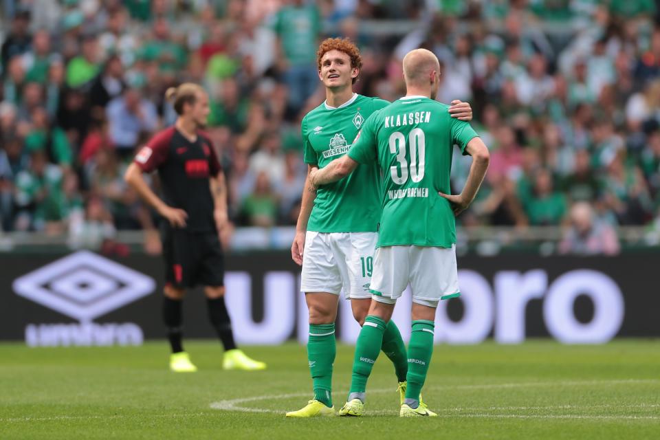BREMEN, GERMANY - SEPTEMBER 01: Josh Sargent of SV Werder Bremen and Davy Klaassen of SV Werder Bremen celebrate after scoring his team's second goal during the Bundesliga match between SV Werder Bremen and FC Augsburg at Wohninvest Weserstadion on September 1, 2019 in Bremen, Germany. (Photo by TF-Images/Getty Images)