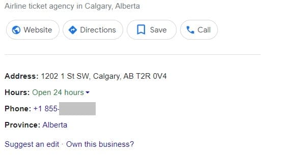 CBC News found multiple fake listings for "Flight Centre Calgary" or "Flight Centre Vancouver" that pointed to incorrect phone numbers. The number has been hidden as it would lead to a fraudulent call centre.