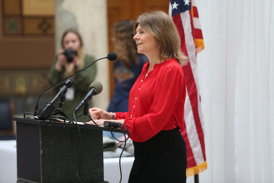 Sen. Shelli Yoder (Bloomington), speaks to an audience gathered at the Indiana Statehouse to highlight the importance of Senate Bill 335, which would create a statewide climate solutions task force, on Wednesday, Feb. 1, 2023, in Indianapolis.