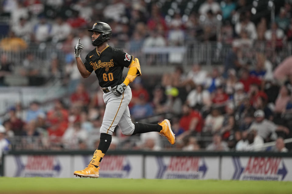 Pittsburgh Pirates' Liover Peguero (60) runs the bases after hitting a home run in the ninth inning of a baseball game against the Atlanta Braves, Saturday, Sept. 9, 2023, in Atlanta. (AP Photo/Brynn Anderson)