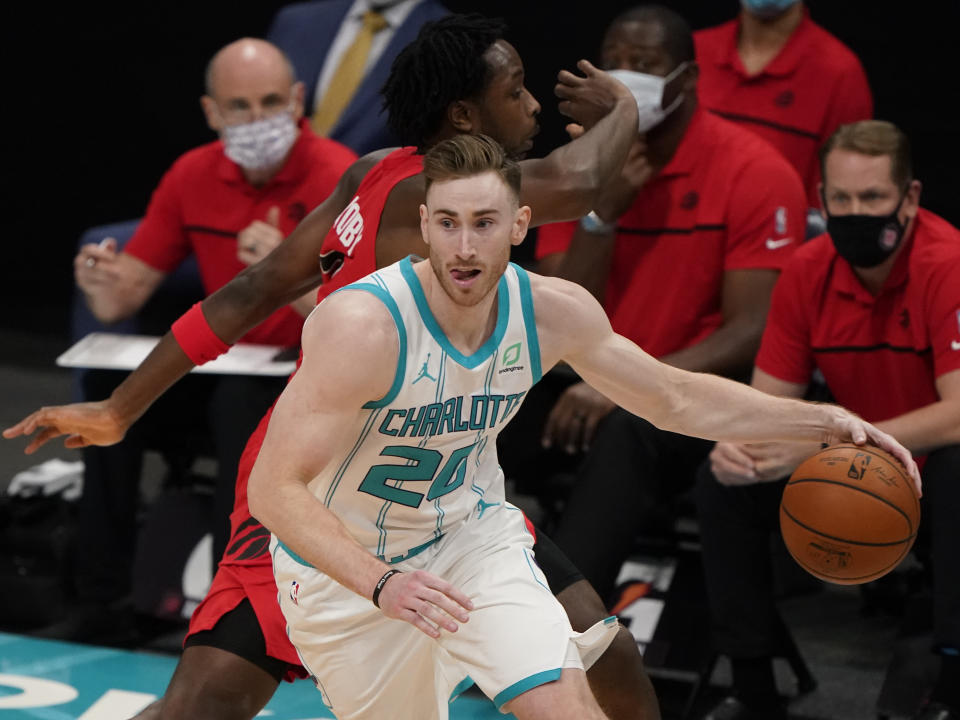 Charlotte Hornets forward Gordon Hayward plays against the Toronto Raptors during the second half of an NBA preseason basketball game in Charlotte, Monday, Dec. 14, 2020. (AP Photo/Chris Carlson)