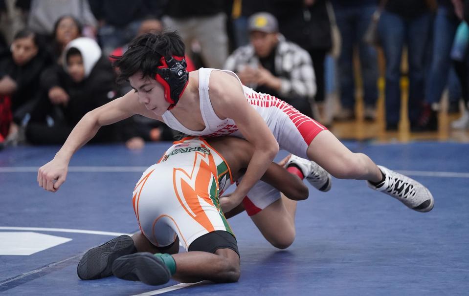 Jumal Russ from East Ramapo wrestles Liam Lin from North Rockland in the 101-pound championship match at the Rockland County Wrestling Championships at Suffern High School on Saturday, Jan. 20, 2024.