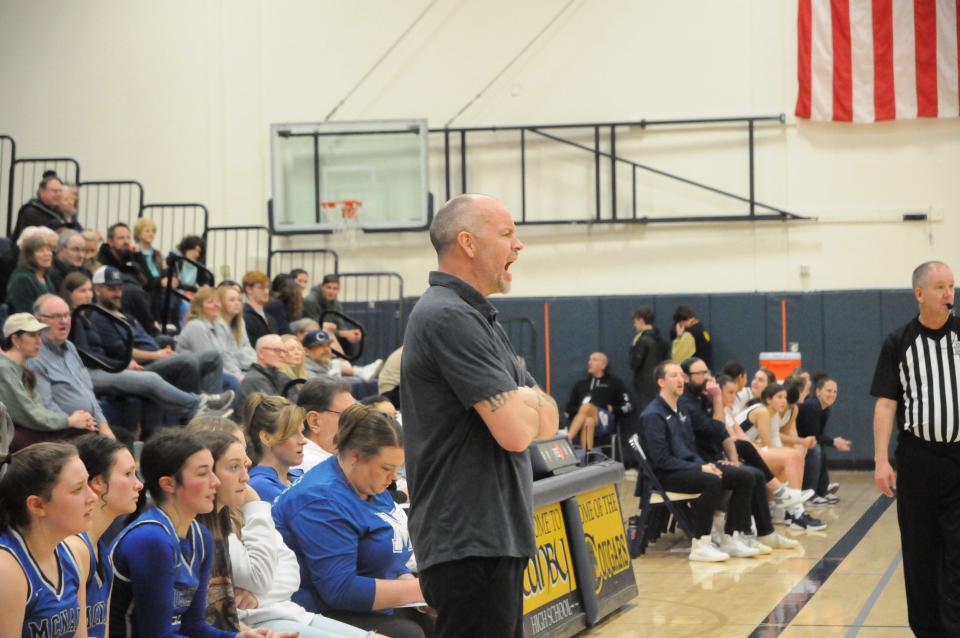 McNary head coach Mike McShane coaches from the sideline during the first half against Canby at Canby High School on Friday, Feb. 10, 2023