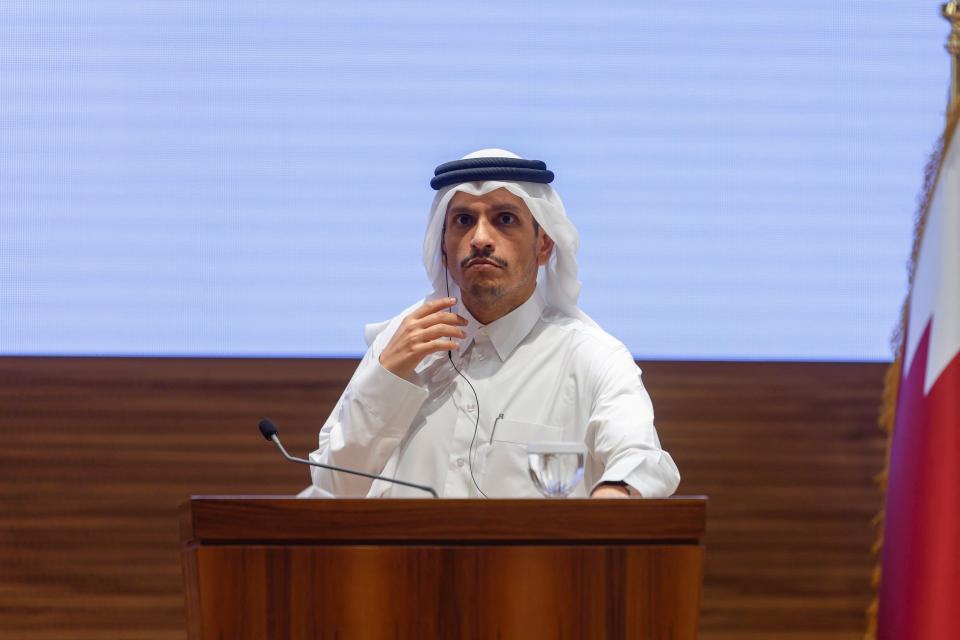 Qatar’s Foreign Minister, Abdulrahman al-Thani, addressed foreign press at a conference held alongside Turkey (AFP via Getty Images)