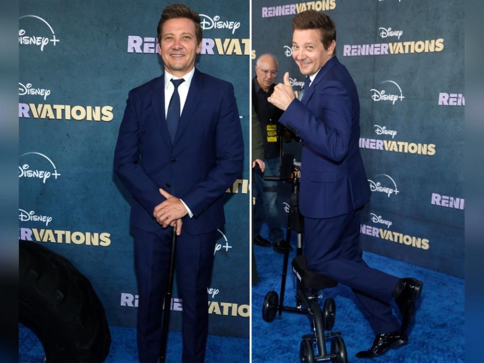 Zunächst mit Stock und später mit einem kleinen Scooter posierte Jeremy Renner für die Fotografen. (Bild: imago/MediaPunch / imago/MediaPunch)