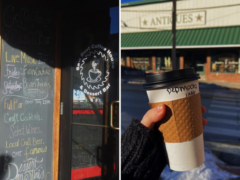 sawdust coffee shop and author holding coffee cup