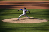New York Mets starting pitcher Marcus Stroman throws during the fourth inning in the first game of a baseball doubleheader against the St. Louis Cardinals Wednesday, May 5, 2021, in St. Louis. (AP Photo/Jeff Roberson)