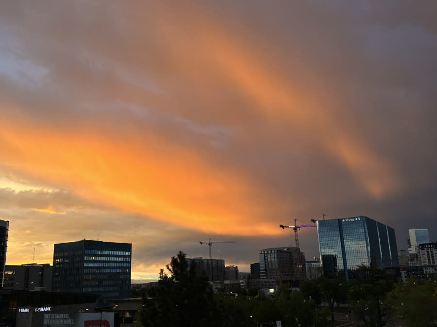 A stormy sunset is seen from the FOX31/Channel 2 weather deck on May 12, 2024. (Brooke Williams)