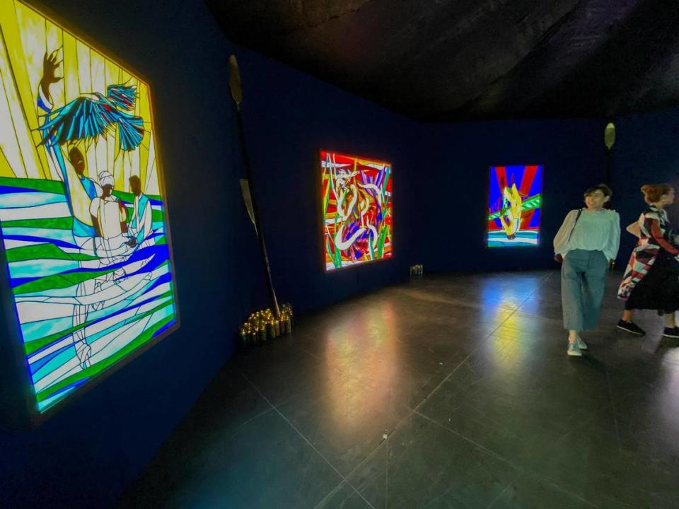 Stained glass light boxes from a piece titled “Let the Mermaids Flirt with me,” 2022 by Christopher Myers at the Meridians sector during Art Basel VIP opening day at the Miami Beach Convention Center.