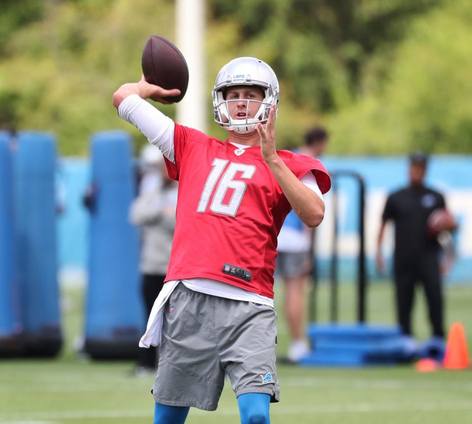 Lions quarterback Jared Goff throws during practice in minicamp on Thursday, June 9, 2022, in Allen Park.