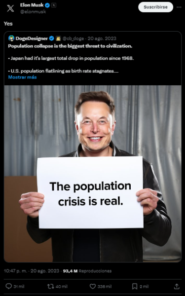 Captura de pantalla de repost de Elon Musk sobre crisis poblacional, el 20 de agosto de 2023.