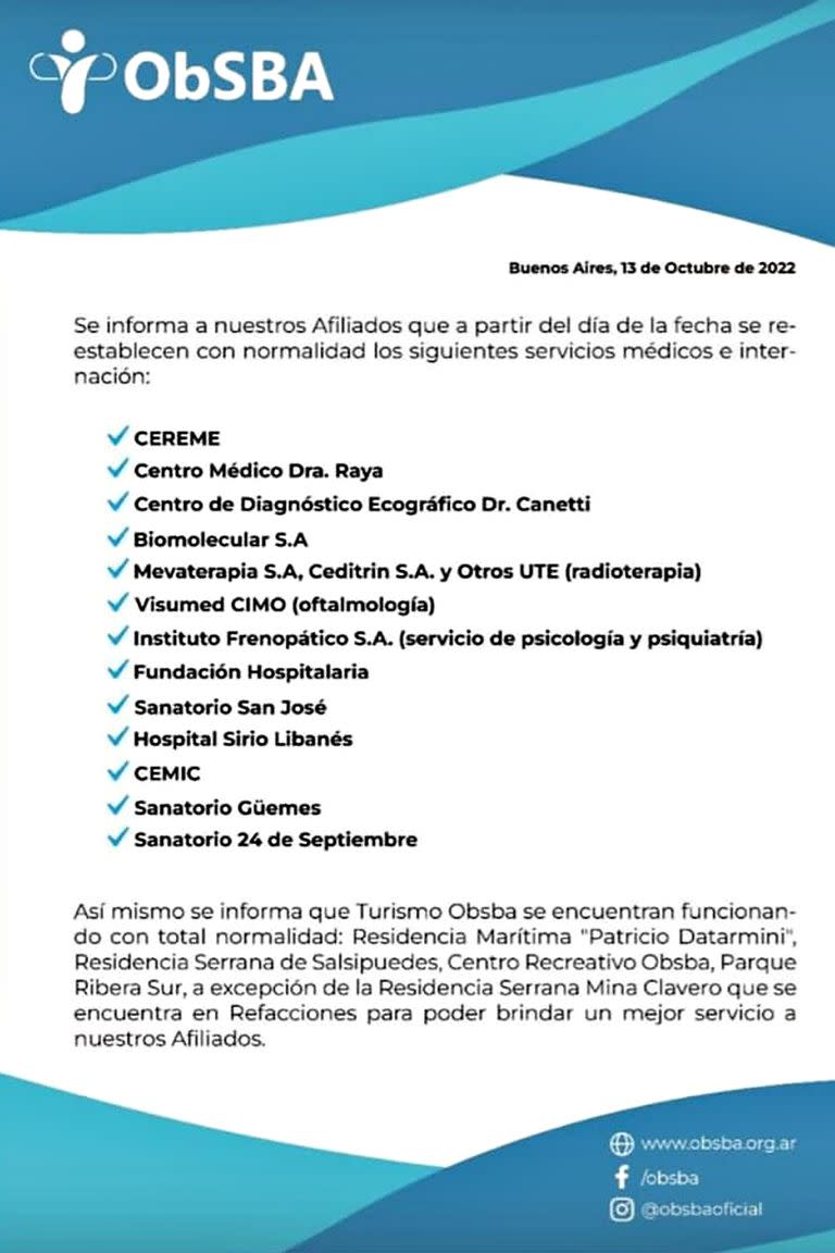 .El sindicato difundió una comunicación con la que pretende tranquilizar a los pacientes: dice haber restablecido la relación con varios prestadores