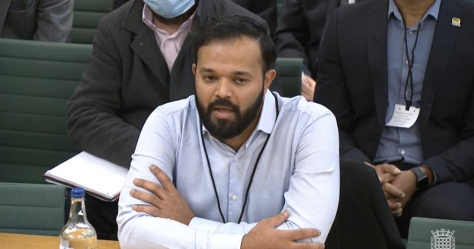 Azeem Rafiq is giving evidence to MPs regarding his allegations of institutional racism at Yorkshire (House of Commons Handout/PA). (PA Media)