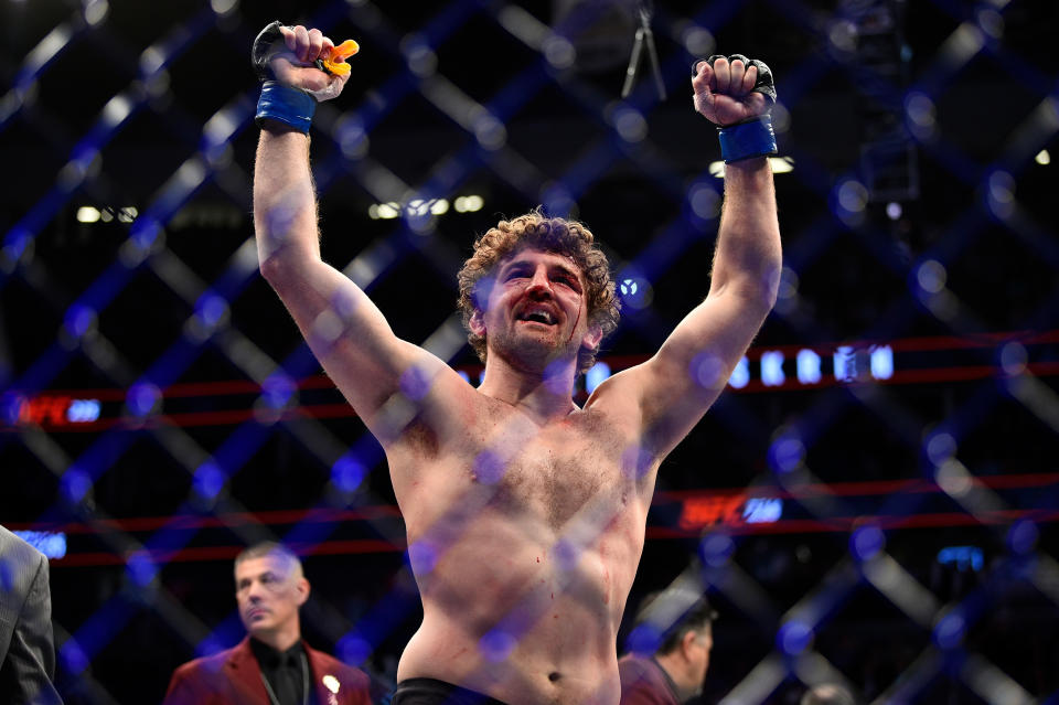 Ben Askren celebrates his submission victory over Robbie Lawler in their welterweight bout during the UFC 235 event at T-Mobile Arena on March 2, 2019 in Las Vegas, Nevada. (Photo by Chris Unger/Zuffa LLC/Zuffa LLC via Getty Images)