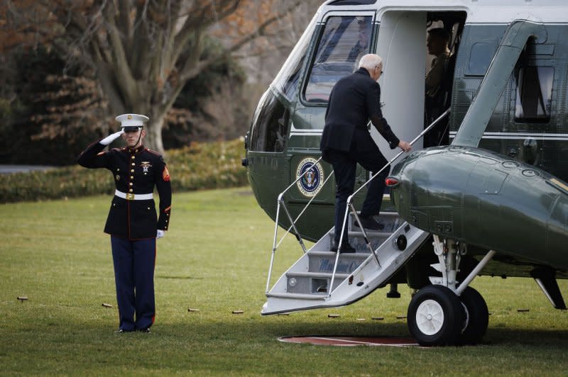 President Joe Biden boards Marine One on the South Lawn of the White House in Washington, D.C., on Friday. The president was on his way to Pennsylvania to highlight economic recovery in Allentown. Photo by Ting Shen/UPI