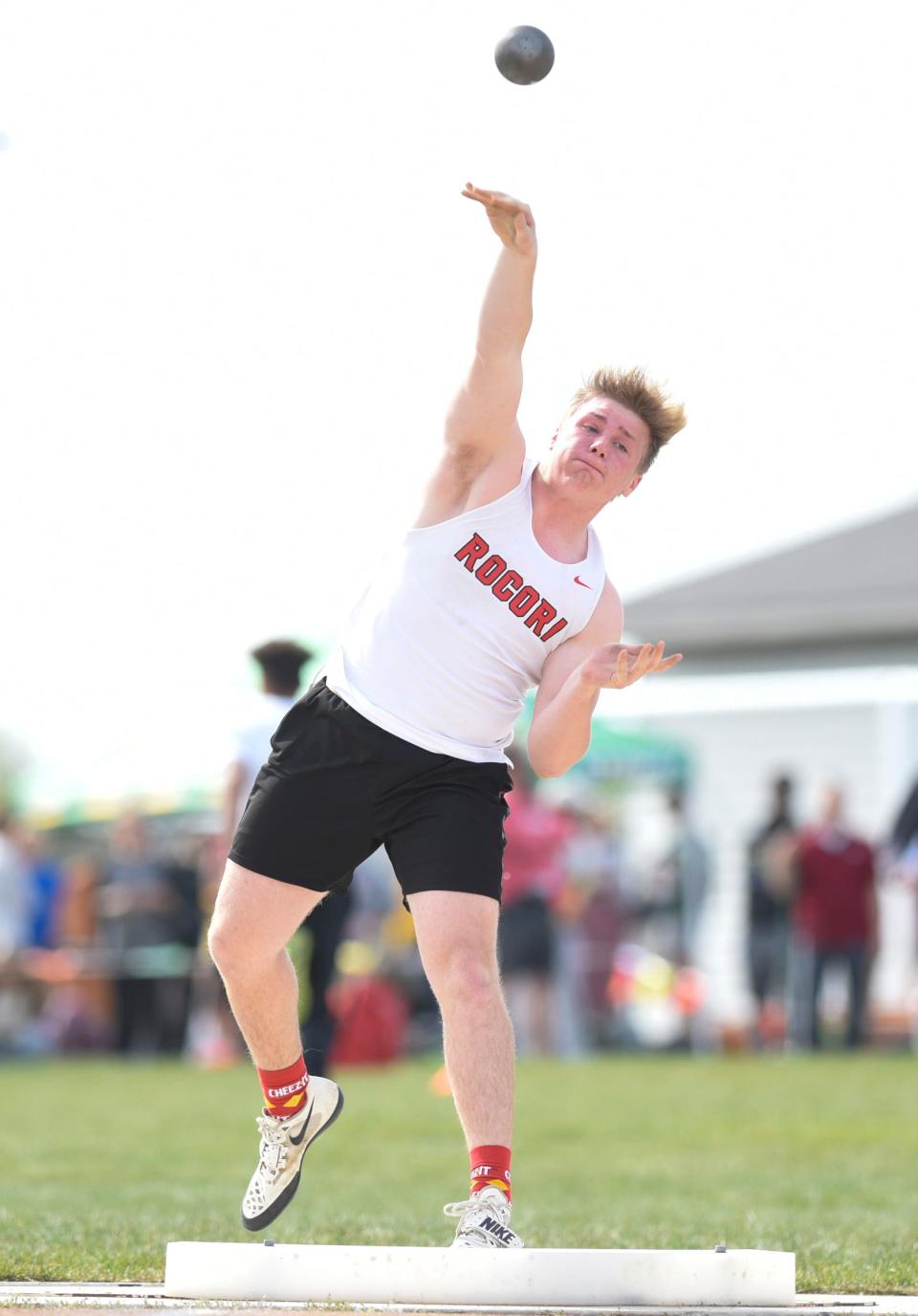 ROCORI's Grady Minnerath throws the shot put Tuesday, May 24, 2022, at the Central Lakes Conference Championship at Tech High School.