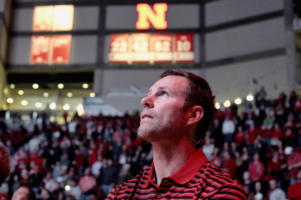 FILE - Nebraska coach Fred Hoiberg looks at the overhead screen during player introductions before an NCAA college basketball exhibition game against Doane University in Lincoln, Neb., Oct. 30, 2019. (AP Photo/Nati Harnik, File)