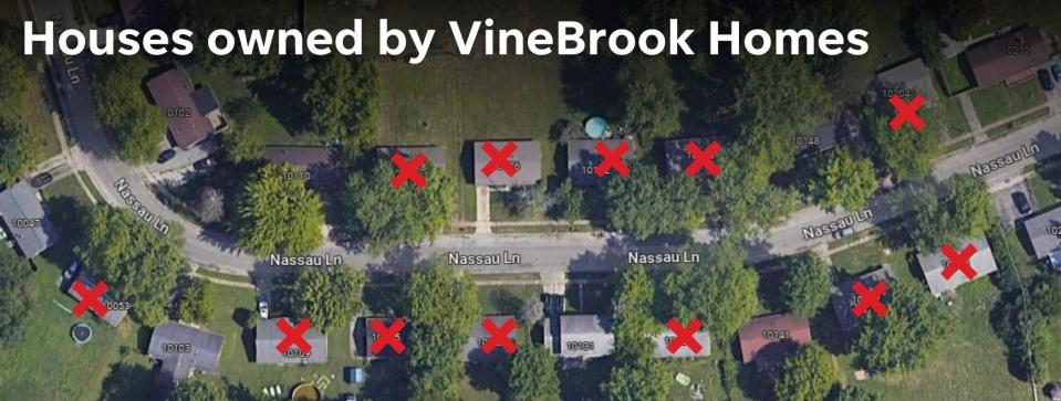 Dallas-based VineBrook Homes owns 12 out of the 21 houses on the east side street Nassau Lane.