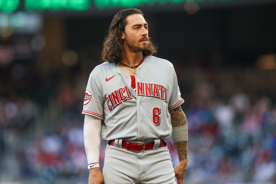 Apr 10, 2023; Atlanta, Georgia, USA; Cincinnati Reds second baseman Jonathan India (6) on the field between innings against the Atlanta Braves in the first inning at Truist Park.