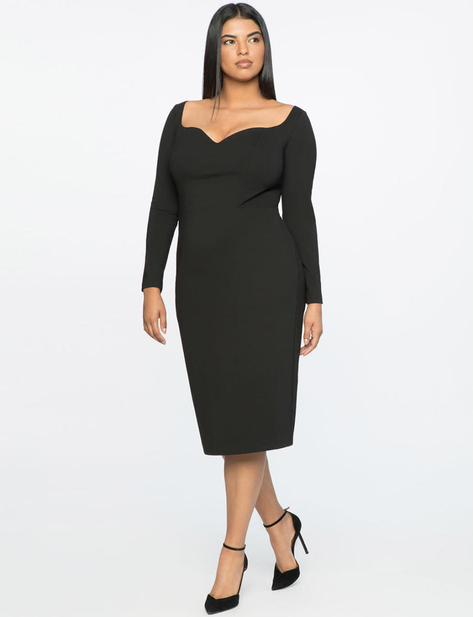 <p>This sweetheart neckline adds a feminine detail to an ordinary LBD. Chances are you’ll wear this dress over and over, well past the holidays. <br>Drape-front V-neck dress, $100, <a rel="nofollow noopener" href="https://fave.co/2zkGB4F" target="_blank" data-ylk="slk:eloquii.com" class="link rapid-noclick-resp">eloquii.com</a> </p>