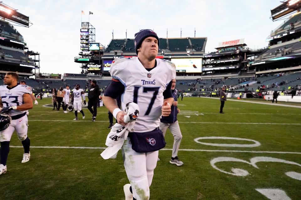 Tennessee Titans quarterback Ryan Tannehill (17) leaves the field after losing to the Philadelphia Eagles at Lincoln Financial Field Sunday, Dec. 4, 2022, in Philadelphia, Pa. 