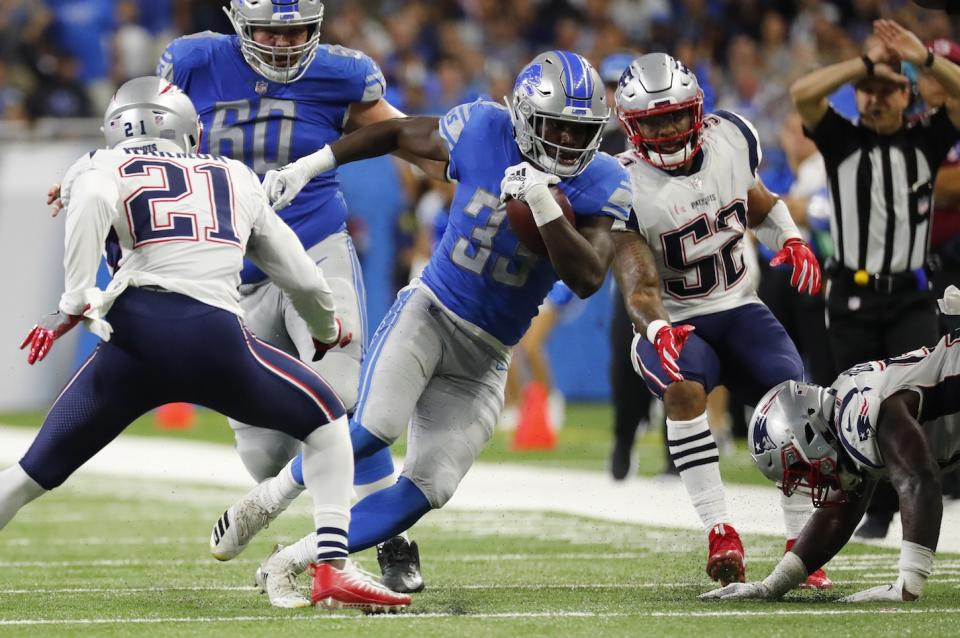 Detroit Lions running back Kerryon Johnson has come on strong of late. Expect more powerful gains this week against Green Bay. (AP Photo/Rick Osentoski)