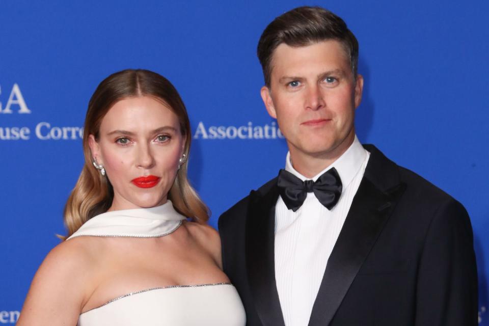 <p>Matt Baron/BEI/Shutterstock</p> Scarlett Johansson and Colin Jost.