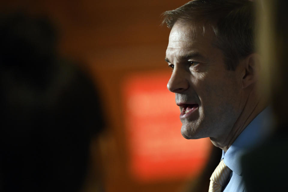 Rep. Jim Jordan, R-Ohio, speaks to reporters on Capitol Hill in Washington, Thursday, Oct. 31, 2019, outside the area where witnesses are interviewed for the impeachment inquiry. (AP Photo/Susan Walsh)