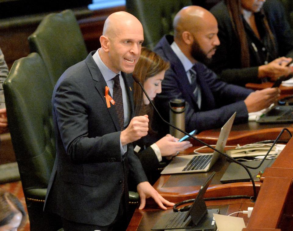 State Rep. Bob Morgan D- Deerfield, answers questions about House Bill 5471 on the House floor during debate Tuesday.