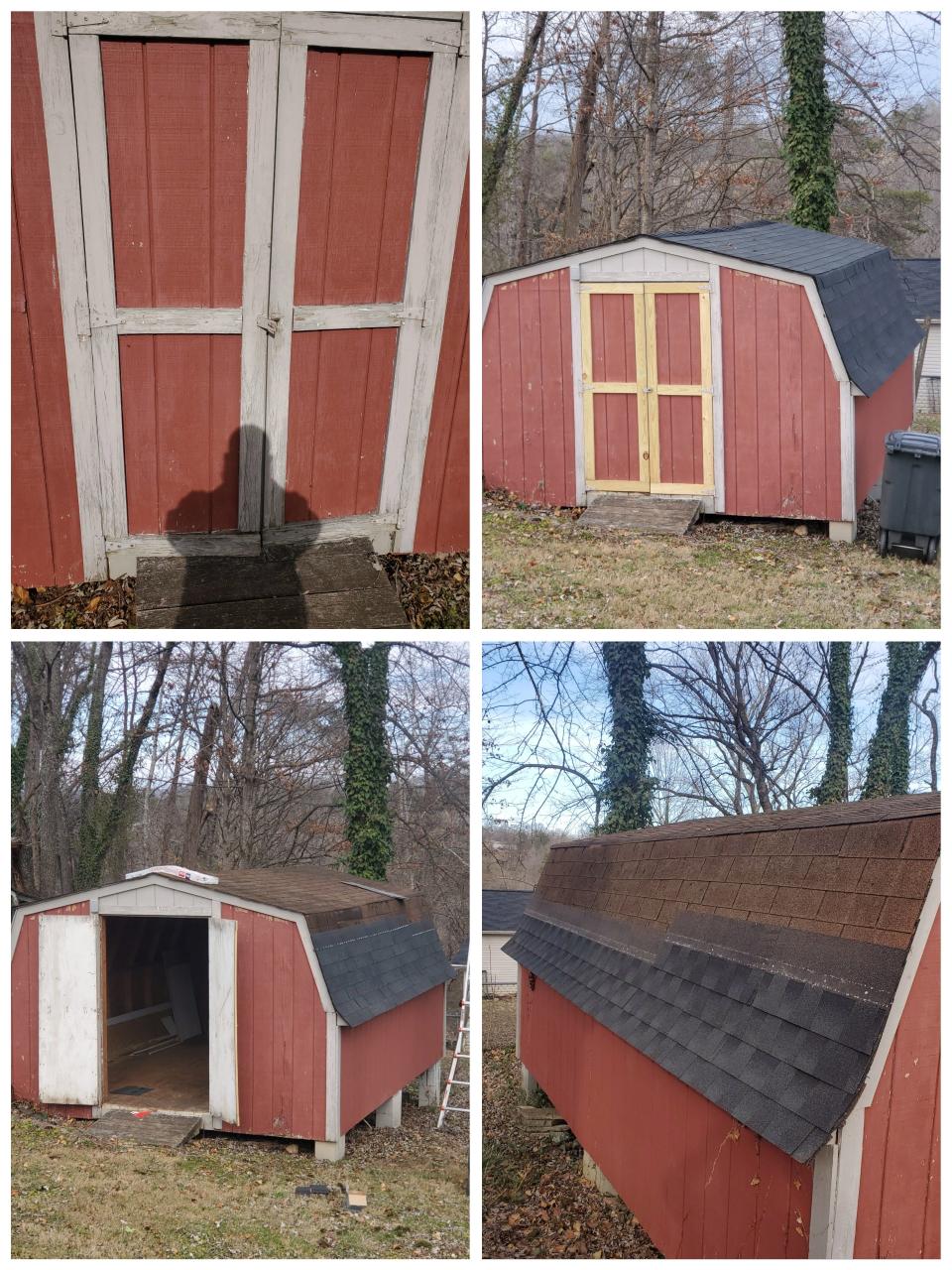 Roofing on the shed and reframing the doors were done by Shawn Norris and Chad Davis. (Courtesy of Hickory Village Land Management)