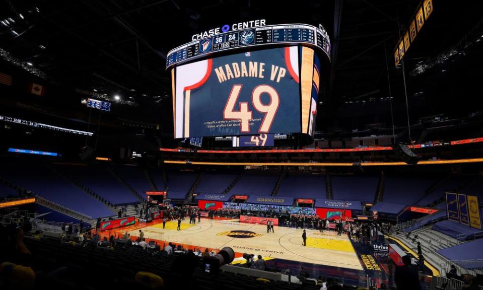 After the first quarter of play between the San Antonio Spurs and the Golden State Warriors, The Warriors played a video of Stephen Curry giving tribute to US Vice-President Kamala Harris with a Warriors jersey with Madame VP 49 on it, during the NBA basketball game between the San Antonio Spurs at Golden State Warriors at Chase Center in San Francisco, California, USA, 20 January 2021.