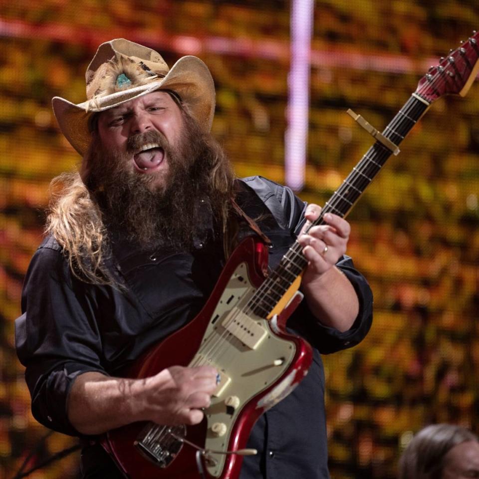 Chris Stapleton performs during his hot set at Farm Aid at Raleigh, N.C.’s Coastal Credit Union Music Park at Walnut Creek, Saturday, Sept. 24, 2022.