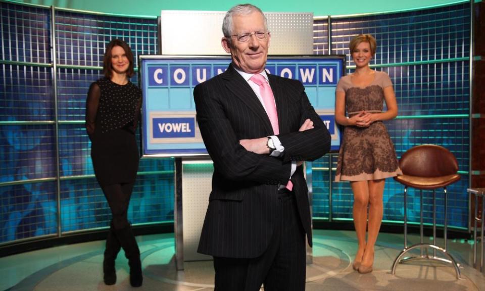 Nick Hewer with Rachel Riley (right) and Susie Dent (left).