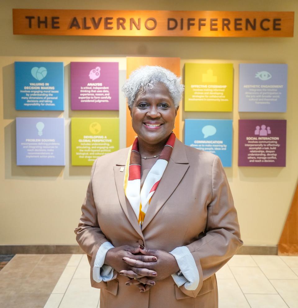 Christy Brown, new Alverno College president, met students Aug. 28 at convocation at Sister Joel Read Center at Alverno College in Milwaukee. Brown is looking forward to growing with the students as they all embark on this new journey together.