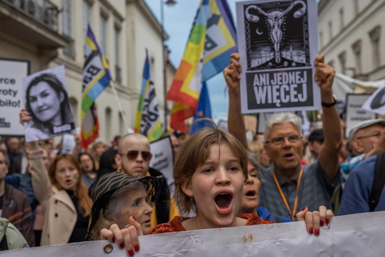 <span>Polish women protest against strict anti-abortion laws in Warsaw, Poland, after the death of a pregnant woman in hospital.</span><span>Photograph: Anna Liminowicz/The Guardian</span>