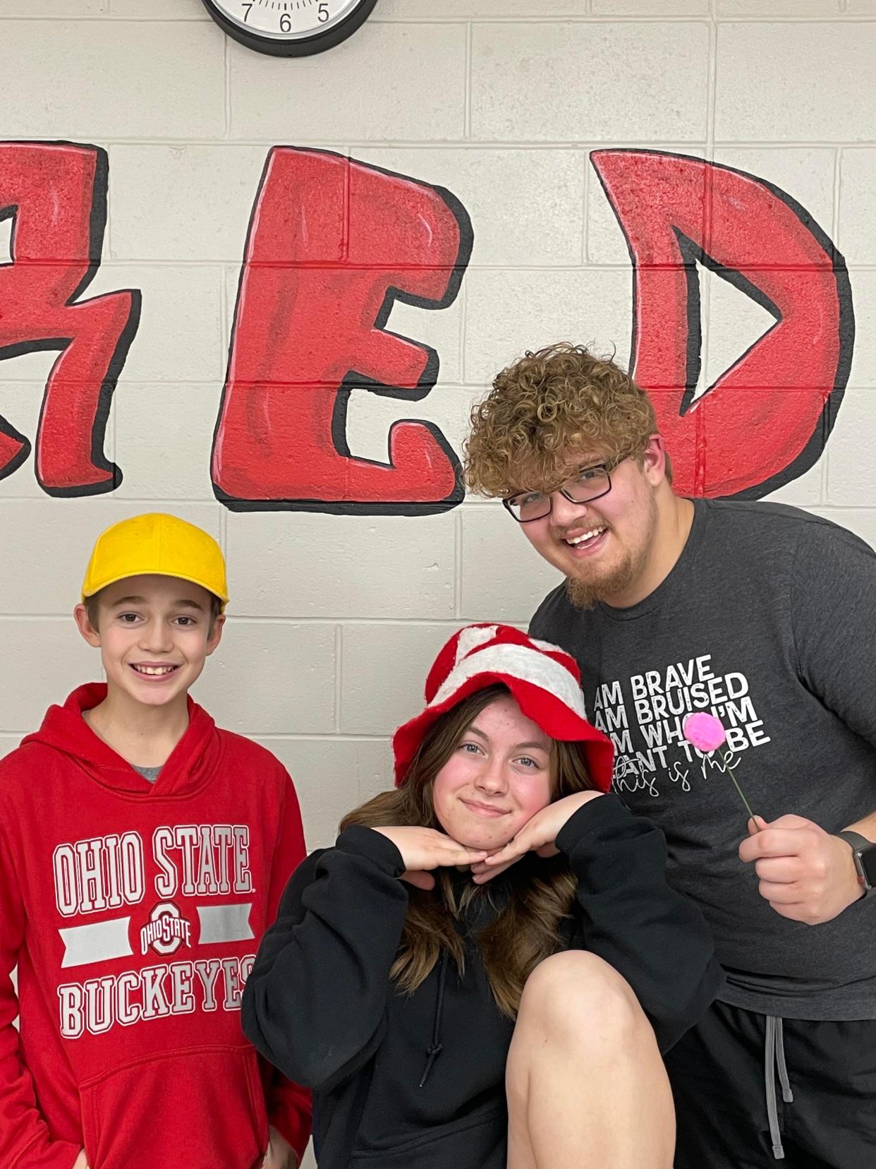 Zach Manchester as Jojo, poses with Dylan Darlack as Cat in the Hat and Christopher Paterson as Horton in the musical comedy "Seussical." Loudonville High and Junior High students will perform in shows on March 24-26 in the Ohio Theatre.