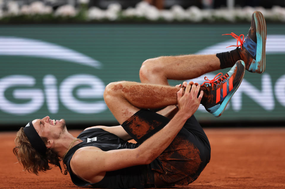 Alexander Zverev, pictured here after injuring his ankle against Rafa Nadal at the French Open.