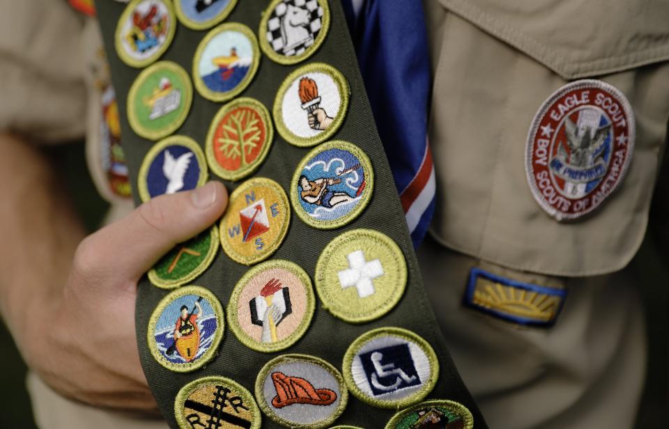 Some of the 138 merit badges, the most possible, that Tre Peterson has earned.