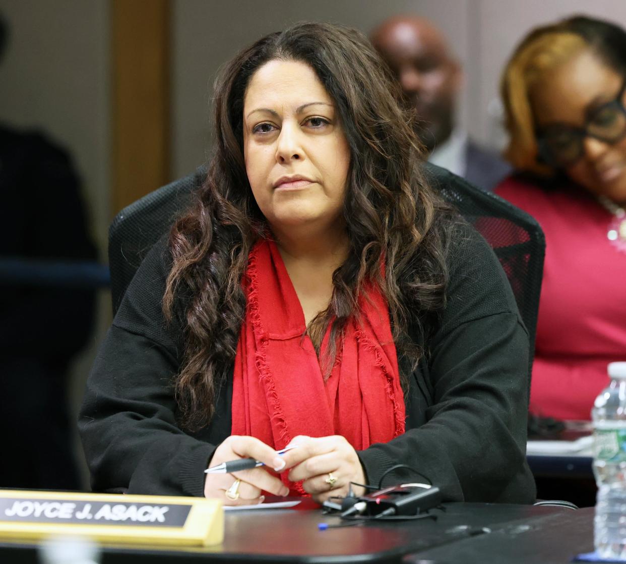 School committee member Joyce Asack listens at a special Brockton School Committee meeting at the Arnone School on Wednesday, Jan. 31, 2024, about safety and security.