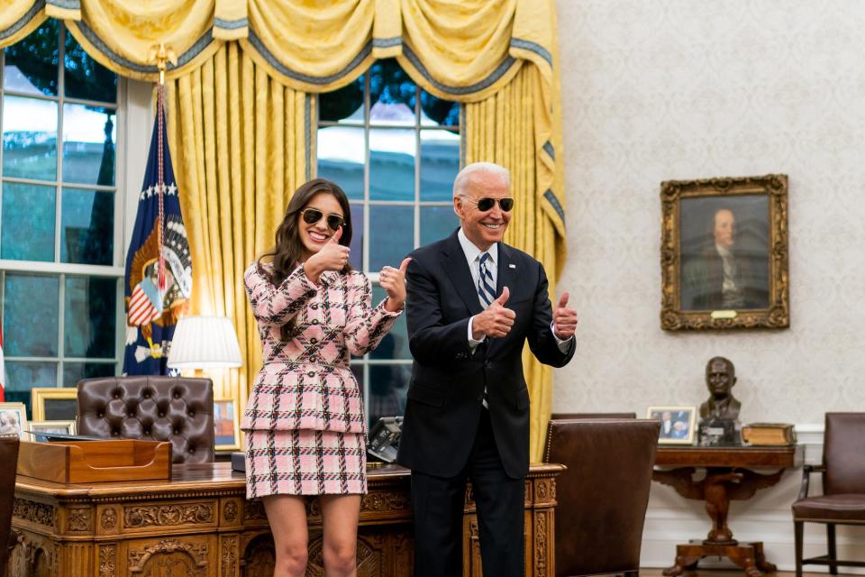 President Joe Biden records a video address with Olivia Rodrigo on Wednesday, July 14, 2021, in the Oval Office of the White House.