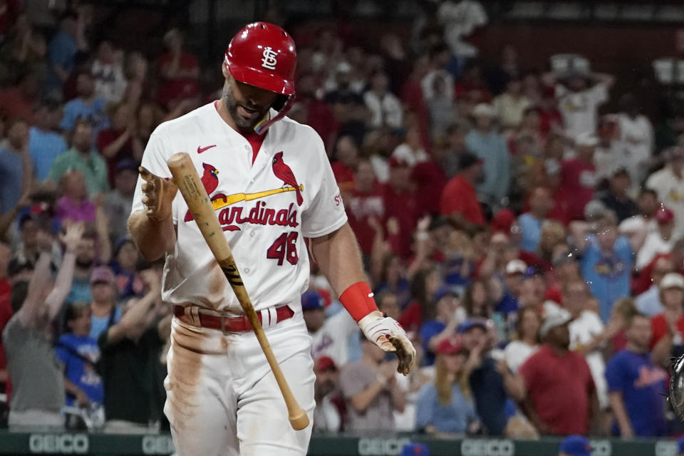 St. Louis Cardinals' Paul Goldschmidt walks off the field after striking out to end a baseball game against the New York Mets Thursday, Aug. 17, 2023, in St. Louis. The Mets won 4-2. (AP Photo/Jeff Roberson)