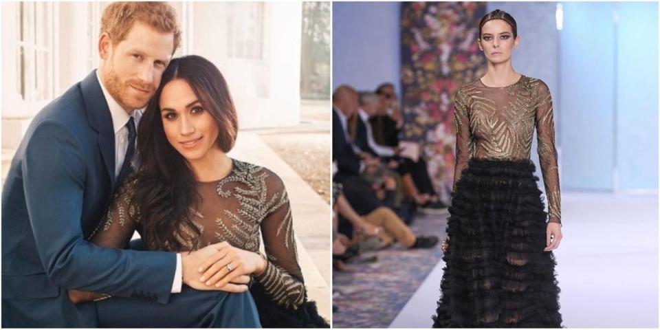 <p>Meghan wore a couture AW16 gown by British label Ralph & Russo that cost an estimated £56,000 (price on request but similar version <a rel="nofollow noopener" href="http://www.needleandthread.com/uk/andromeda-long-sleeve-maxi-dress-washed-black?gclid=CjwKCAiA4vbSBRBNEiwAMorER_AYbJ7YGErIuHJhnycXUkIqdFTnO5B6TSCCWjRXiZjrphy1pu0heRoCvyYQAvD_BwE" target="_blank" data-ylk="slk:here;elm:context_link;itc:0;sec:content-canvas" class="link ">here</a>). </p>