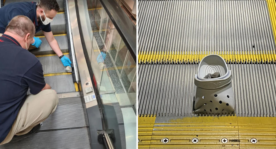 A photo of a two-year-old's shoe stuck in the escalator at a Sydney Westfield last year. Another photo of a Croc stuck at the bottom of the elevator.