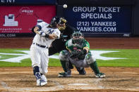 New York Yankees' Rougned Odor hits a home run during the fifth inning of the team's baseball game against the Oakland Athletics on Friday, June 18, 2021, in New York. (AP Photo/Frank Franklin II)