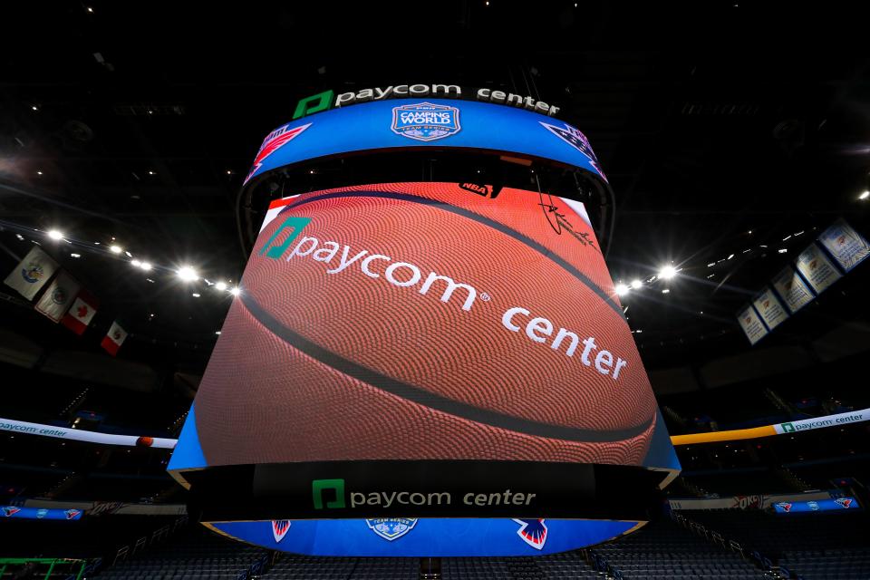 A new scoreboard is pictured Tuesday at the Paycom Center in Oklahoma City.