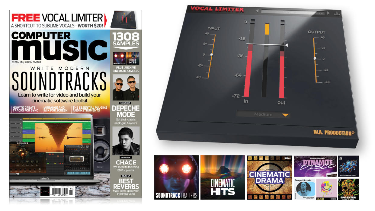  front cover of Computer Music 320 next to a vocal limiter plugin interface 